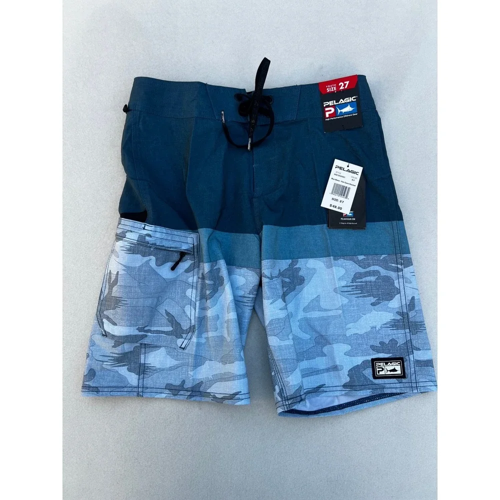 Pelagic Youth Size 27 Board‎ Shorts Blue Water Fish Camo Stacked Surf Trunks
